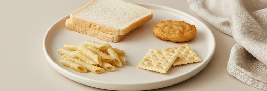 A plate of beige foods - bread, pasta, crackers, and a chicken nugget