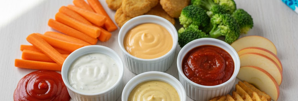 Colorful dipping sauces in small bowls surrounded by kid-friendly finger foods