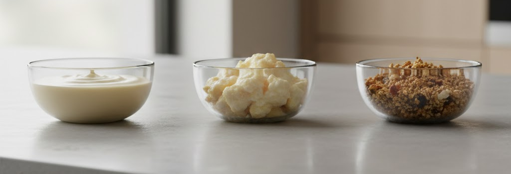 Three bowls showing different food textures - smooth, chunky, and crunchy