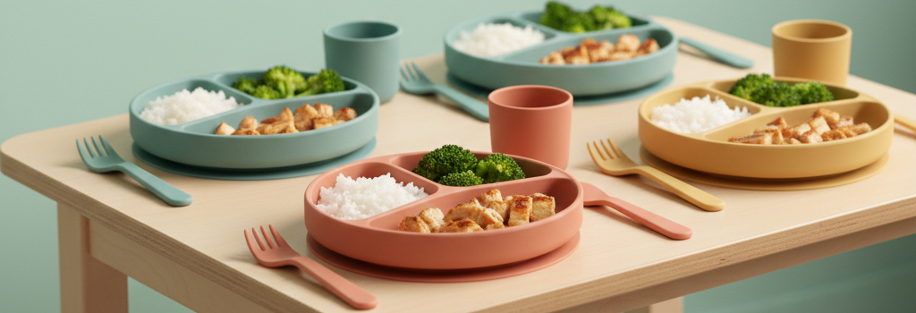 Toddlers sitting together at a small table eating lunch at daycare